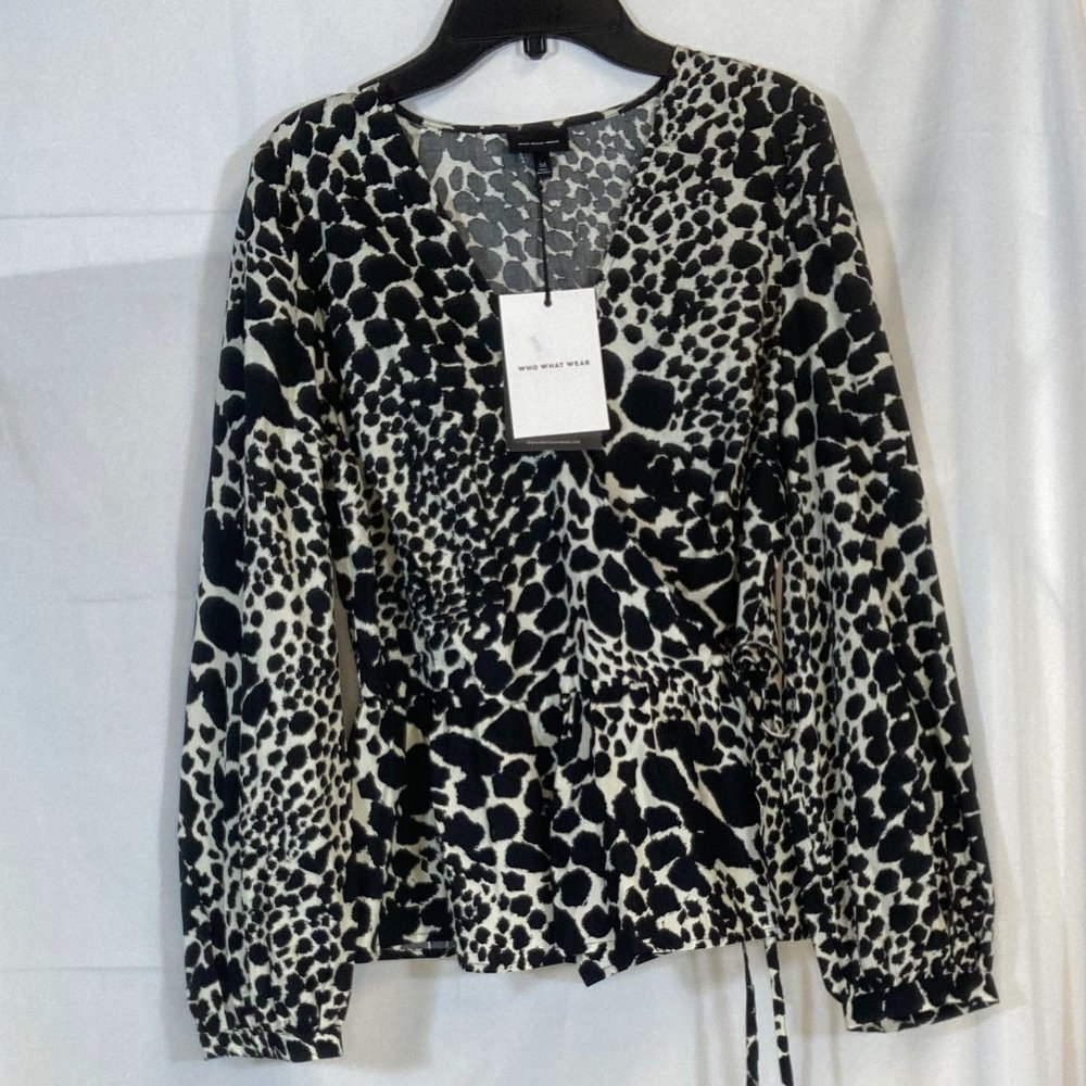 Who What Wear Womens' Leopard Print Long Sleeve Wrapped Peplum B/W Top NWT